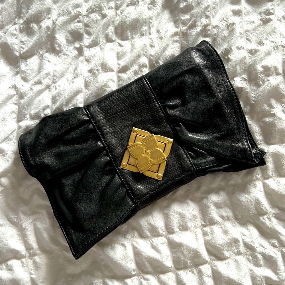 BCBG Max Azria Bow Clutch, Black Leather